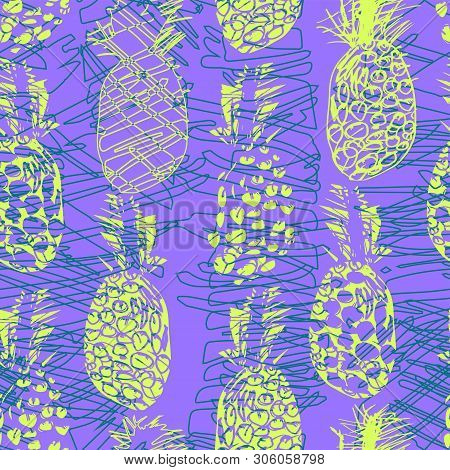 Sammer Colorful Seamless Pattern With Freehand Drawn Pineapple In Sketch Doodle Style. Tropical Dood
