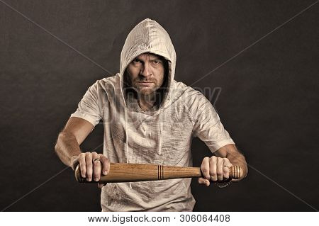 Hooligan Hold Baseball Bat. Bearded Man Wear Hood In Hoodie Tshirt. Gangster Guy Threaten With Bat W