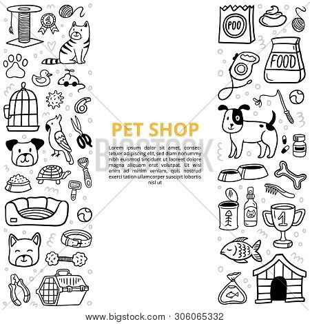 Black And White Goods For A Pet Shop In Doodle Style. Vet Symbol Collection With Text. Vector Illust