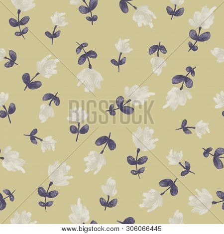 Seamless Pattern With Meadow Steelblue Leaves And Pale Flowers. Digital Painting. Beige Background