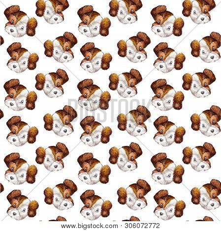 Seamless Doggy Watercolor Pattern Of Puppy Portraits Of White With Brown Dog Jack Russell Terrier He