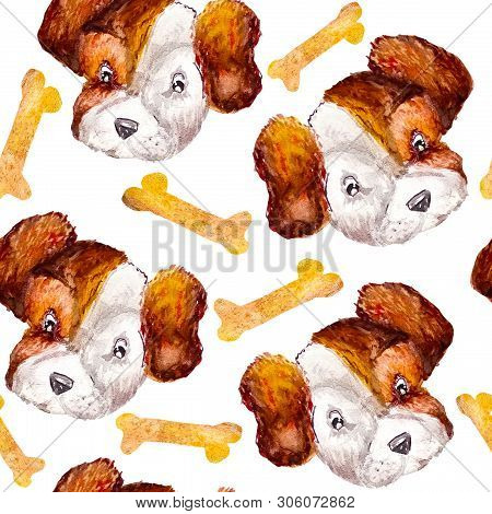 Dog Pattern Jack Russell Terrier With Bones Gift Wrap. Watercolor Style In White Background.