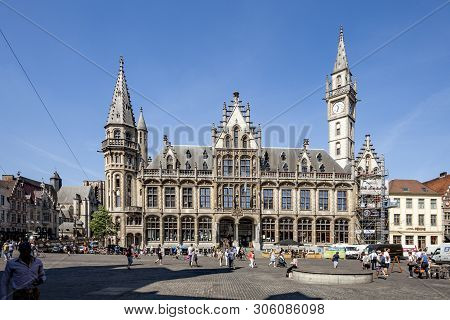 Ghent, Belgium - June 1, 2017: The Old Post Building Across The Saint Nicolas Church In The Center O