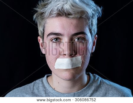 Young Transgender Boy With Taped Mouth Making Him  Silenced Not Able To Talk About His Gender Identi