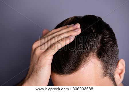 Cropped Close Up Top Above High Angle Photo Amazing He Him His Macho Touch Arm Hand Neat Groomed Hea