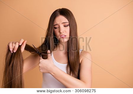 Portrait Of Disappointed Lovely Cute People Person Hold Hand Millennial Worried New Style Stylist Ha