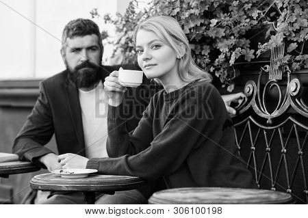 Couple Terrace Drinking Coffee. Casual Meet Acquaintance Public Place. Meeting People First Date. St