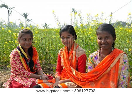 Close Up Of Three Teenage Girls Wearing Colorful Salwar Kameez Sitting In A Yellow Mustard Flower Fi