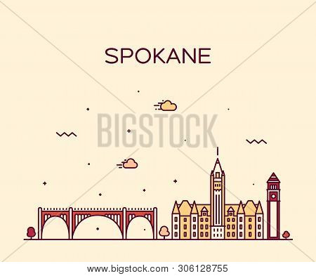 Spokane Skyline Washington Usa Vector Linear Style