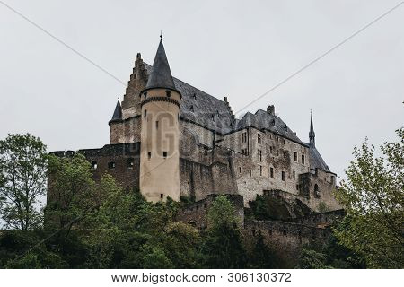 Low Angle View Of Vianden Castle, Luxembourg, One Of The Largest And Finest Feudal Residences Of The