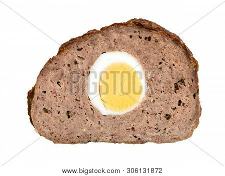 Slice Of Baked Roulade From Minced Meat With Boiled Egg Isolated On White Background