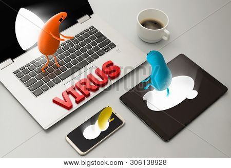 Viruses Attack And Virus Detected Concept. Funny Viruses Are Attacking The Laptop, Smartphone And Ta