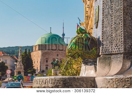 PECS, HUNGARY - JUNE 2019: Zsolnay fountain in the downtown of the city August 2019 in Pecs, Hungary