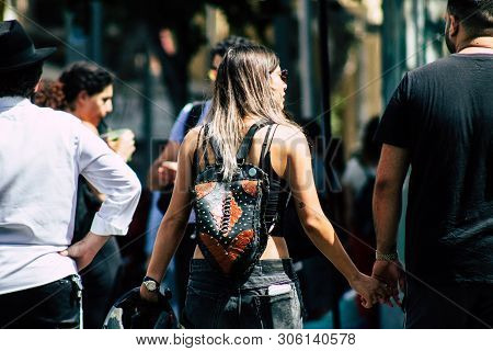 Tel Aviv Israel June 7, 2019 View Of Unknown Israeli Girl Walking At The Carmel Marquet In Tel Aviv 