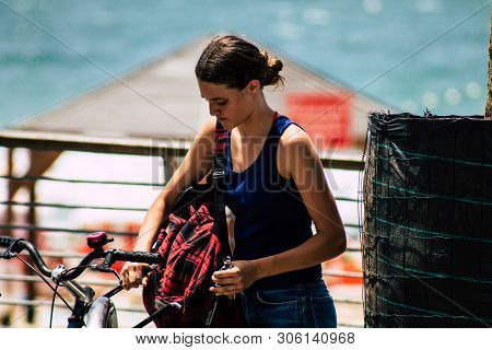 Tel Aviv Israel June 7, 2019 View Of Unknown Israeli Girl Walking At The Carmel Marquet In Tel Aviv 