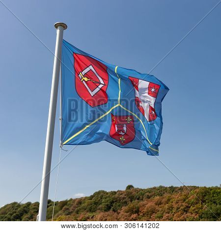 Brandenbourg, Luxembourg - August 22, 2018: Flag At Tower Medieval Ruin Of Brandenbourg In Luxembour