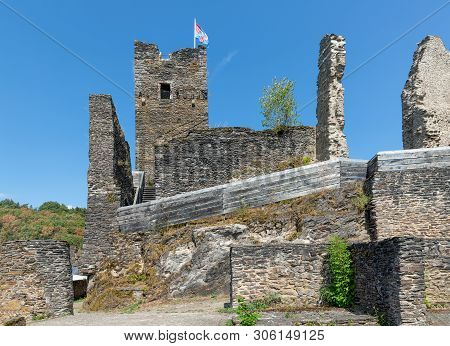 Medieval Ruin Of Brandenbourg Castle At Hill In Luxembourg Ardennes 70 Meter Above Village Of Brande