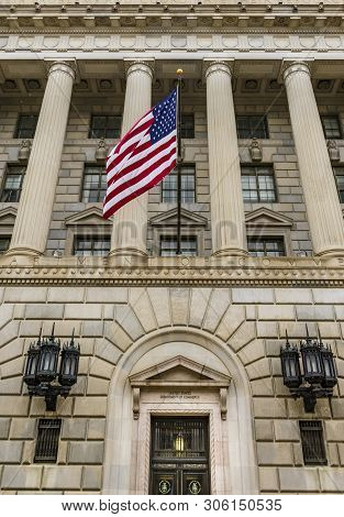 Washington Dc, United States - May 6, 2019 Main Entrance Herbert Hoover Building Commerce Department