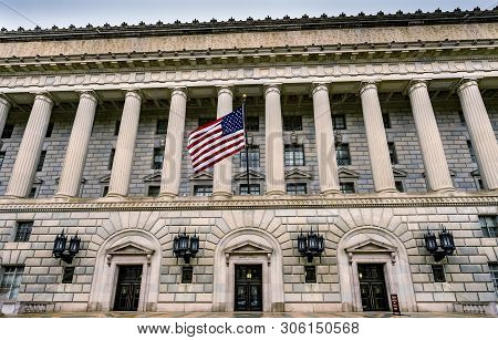 Washington Dc, United States - May 6, 2019 Main Entrance Herbert Hoover Building Commerce Department