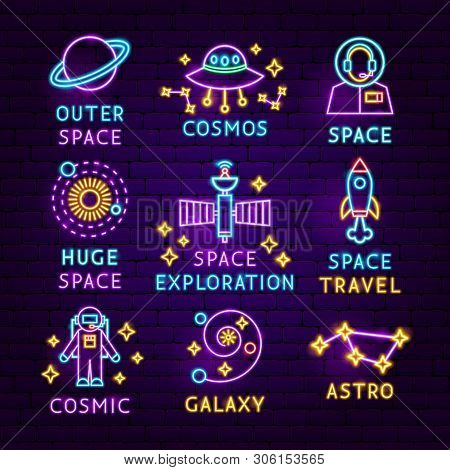 Space Neon Label Set. Vector Illustration Of Star Promotion.