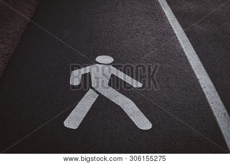 Grey Asphalt Road For Pedastrians, Market With Special Sign.