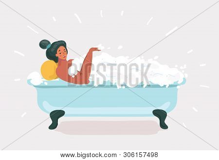 Vector Cartoon Illustration Of Woman Taking A Bath. Relaxing Girl In Bathroom. Funny Leasure Concept