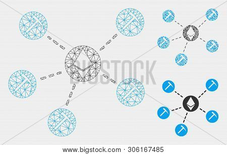 Mesh Ethereum Mining Pool Model With Triangle Mosaic Icon. Wire Frame Triangular Mesh Of Ethereum Mi