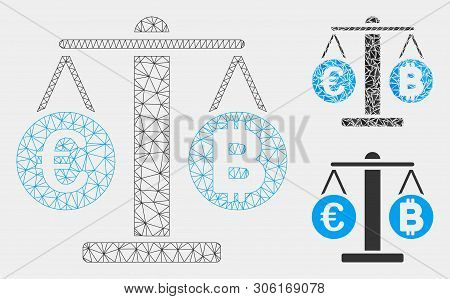 Mesh Euro And Bitcoin Scales Model With Triangle Mosaic Icon. Wire Frame Triangular Network Of Euro 