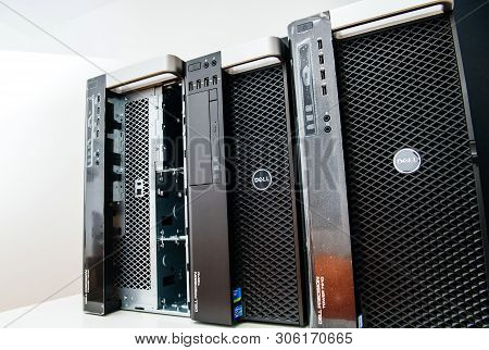 London, United Kingdom - Oct 2, 2017: Row Of Three New Dell Precision T5810 7910 Xeon Workstation Fo