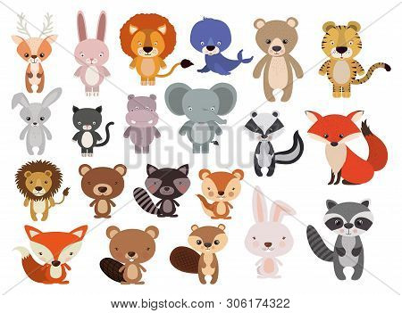 Animals Bundle In Flat Style Lion, Cat, Fox, Elk, Wolf, Elephant, Rabbit, Skunk Raccoon Vector Illus