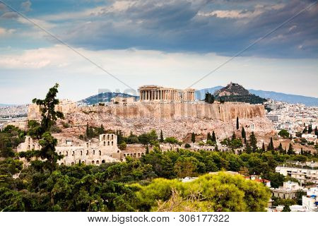 athens seen from Philopapou hill with views to Herodium , Acropolis and the Parthenon, Attica, Greece