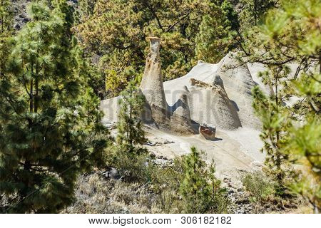 Amazing Lunar Landscape With Fantastic Rock Formations Paisaje Lunar. Canarian Pine Forest, Clear Br