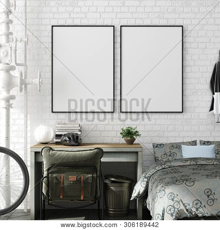 Mock Up Poster In Boy Teenage Bedroom Interior Background, Industrial Style, 3d Illustration