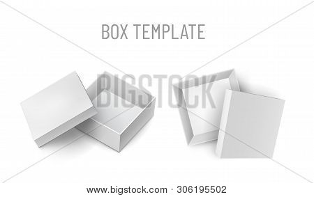 Opened Cardboard Gift Case With Cap Mockup Set. Merchandise Branding Layout. Top View Of Blank Paper