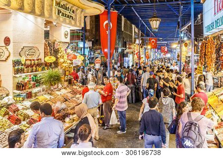 Istanbul, Turkey - September 21st 2015: Inside The Crowded Spice Bazaar. The Stalls Sell Soaps, Spic