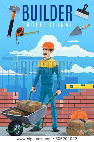 Builder With Work Tools On Building Site Vector Design Of Construction Industry Professions And Occu