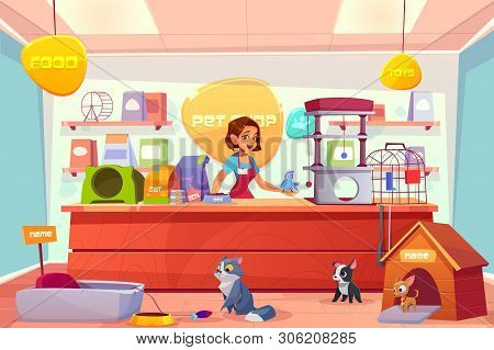 Modern Pet Shop Interior Cartoon Vector Concept. Happy Smiling Female Salesperson In Apron, Standing