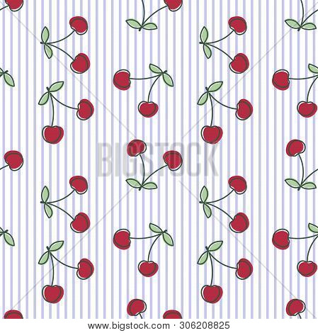 Cherry Seamless Pattern. Hand Drawn Fresh Berry. Vector Sketch Striped Background. Color Print For C
