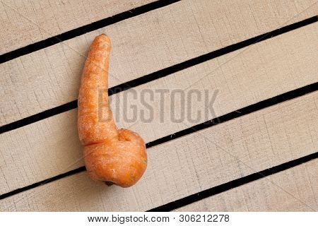 Trendy Ugly Organic Carrot On Wooden Box Background. Ugly Food, Unusual Deformed Fruits And Vegetabl