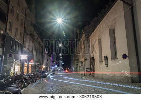 Bregenz, Austria - May 31, 2019: Rathausstrasse Street In Bregenz At Night.