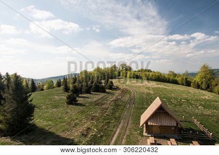 Stary Gron Hill Above Brenna Village In Springtime Beskid Slaski Mountains In Poland With Meadow, Tr