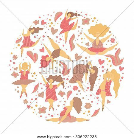 Circle Banner With Body Positive Girls In Dance. Happy Plus Size Womens Charakters Banner. Vector Il