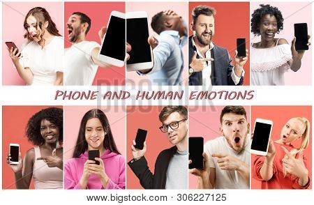 Portrait Of People Showing Mobile Phones Isolated Over Coral Background. Male And Female Models Usin