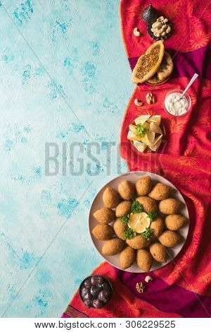 Arabic Meat Appetizer Kibbeh. Traditional Arabic Kibbeh With Lamb And Pine Nuts.