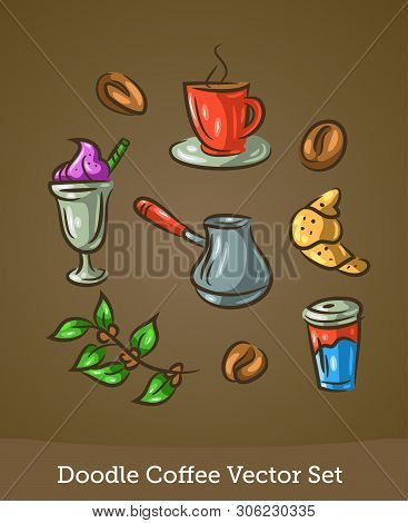Coffee Doodle Set Isolated On White Background. Vector Illustration