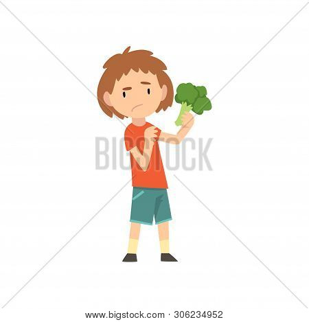 Cute Boy Does Not Want To Eat Brokkoli, Child Does Not Like Healthy Food Vector Illustration Vector 