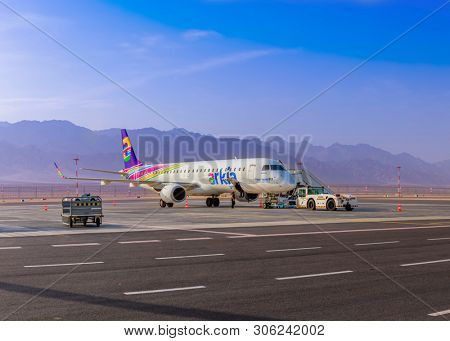 Arkia Airlines Airplane In New Ramon International Airport in Eilat,  Arava desert,  Israel, 2019