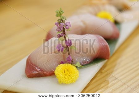 Hamachi Sushi (yellowtail Fish Or Amberjack Fish) Served With Wasabi And Ginger, Traditional Japanes
