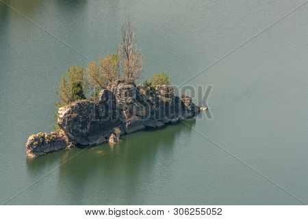 Parque Natural Hoces Duraton, Segovia, Spain - April 13, 2014: Detail Of A Small Elongated Island An