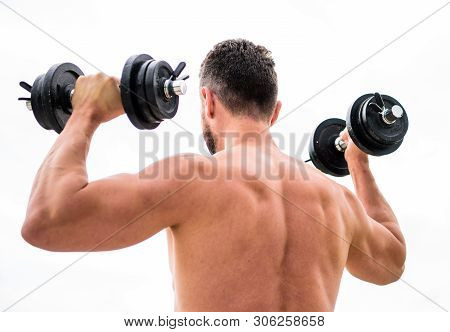 Healthy Lifestyle. Athletic Body. Dumbbell Gym. Fitness And Sport Equipment. Man Sportsman Weightlif